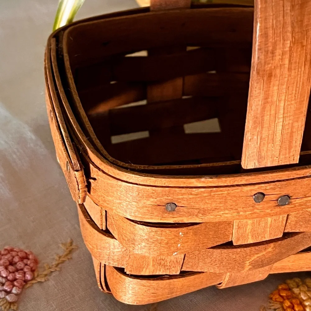 Charming 1985 Longaberger Handwoven Basket w/ Crochet Liner & Blue Ribbon Accent